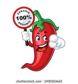 Vector mascot, cartoon, and illustration of a chilli holding 100% organic sign board
