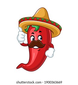 Vector mascot, cartoon, and illustration of a chilli thumb up wearing sombrero