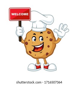 Vector mascot, cartoon, and illustration of a chocolate cookies chips holding welcome sign board