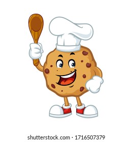 Vector Mascot, Cartoon, And Illustration Of A Chocolate Cookies Chips Holding Wooden Spoon