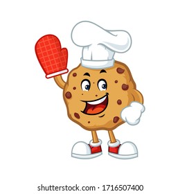Vector mascot, cartoon, and illustration of a chocolate cookies chips wearing glove cooking