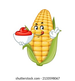 Vector mascot, cartoon and illustration of a corn holding sauce dip in bowl