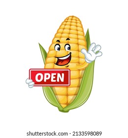 Vector mascot, cartoon and illustration of a corn holding open sign board