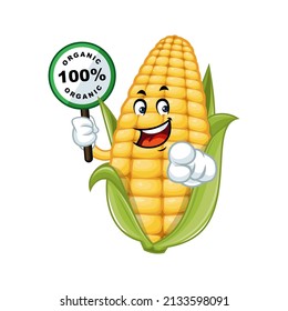 Vector mascot, cartoon and illustration of a corn holding organic sign board