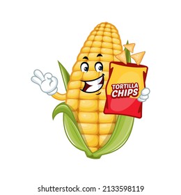 Vector Mascot, Cartoon And Illustration Of A Corn Holding Tortilla Chips Bag