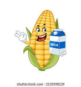Vector mascot, cartoon and illustration of a corn holding Milk boxes