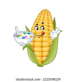 Vector mascot, cartoon and illustration of a corn holding cereal milk breakfast in bowl