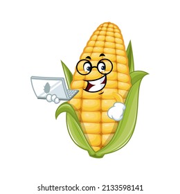 Vector mascot, cartoon and illustration of a corn holding laptop