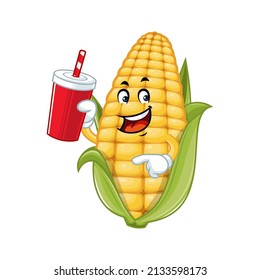 Vector mascot, cartoon and illustration of a corn drinking soft drink