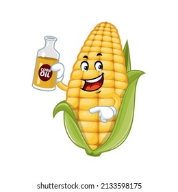 Vector mascot, cartoon and illustration of a corn holding corn oil bottle