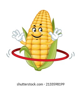 Vector mascot, cartoon and illustration of a corn doing exercises with hula hoop