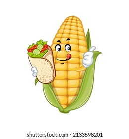 Vector mascot, cartoon and illustration of a corn eating burrito