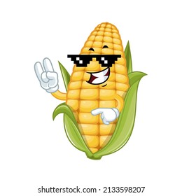 Vector mascot, cartoon and illustration of a corn wearing black pixel glasses