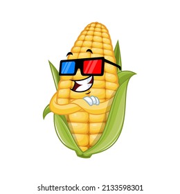 Vector mascot, cartoon and illustration of a corn wearing 3D glasses