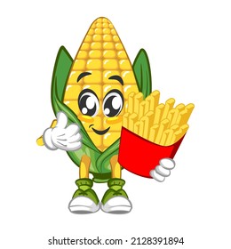 Vector mascot, cartoon and illustration of cute corn eating french fries