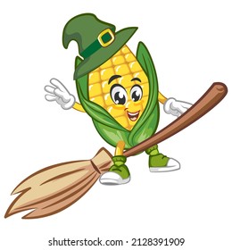 Vector mascot, cartoon and illustration of cute corn being a witch flying on a magic broom