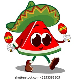 Vector mascot, cartoon and illustration of a cute cut watermelon wearing a sombrero and playing maracas with passion