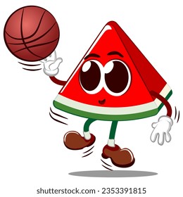 Vector mascot, cartoon and illustration of a cute watermelon cutout playing basketball