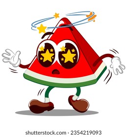 Vector mascot, cartoon and illustration of a cute watermelon slice is dizzy and drunk