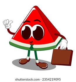 Vector mascot, cartoon and illustration of cute cut watermelon being office worker with suitcase and wearing tie