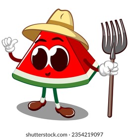 Vector mascot, cartoon and illustration of a cute cut watermelon being a farmer wearing a wide hat and holding a rake