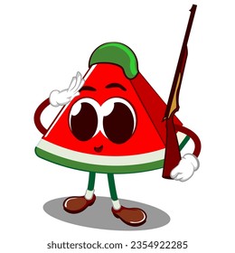 Vektormaskottchen, Cartoon und Illustration einer süßen Wassermelonscheibe als Soldat mit einer versalzten Position während der Trage eines Gewehr
