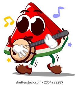 Vector mascot, cartoon and illustration of a cute watermelon slice playing music by strumming a banjo