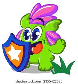 Vector mascot, cartoon and illustration of a cute fat green imaginary creature with pink bushy hair with a shield with a star sign