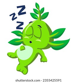 Mascota vectorial, caricatura e ilustración de una criatura imaginaria adorable con el pelo hoja durmiendo sólidamente