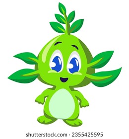 Vector mascot, cartoon and illustration of a cute imaginary creature with leafy hair standing and adorable