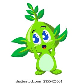 Vector mascot, cartoon and illustration of a cute imaginary creature with leafy hair standing shyly is adorable