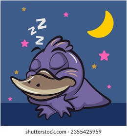 Vector mascot, cartoon and illustration of a cute platypus sleeping soundly under the crescent moon and stars