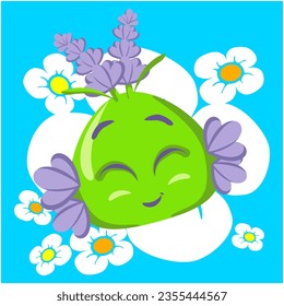 Mascota vectorial, dibujos animados e ilustración de una criatura lavanda de la naturaleza adorable e imaginaria con el adorable pelo floral delante de flores blancas