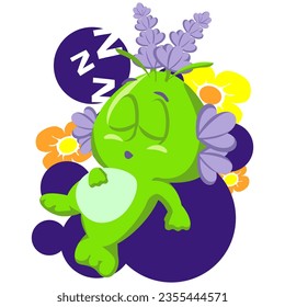 Vector mascot, cartoon and illustration of a cute imaginary nature lavender creature with floral hair sleeping