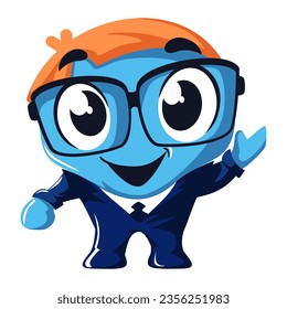 Vector mascot, cartoon and illustration of a cute kid with glasses with blue skin and blonde hair wearing a blue suit is greeting cheerfully