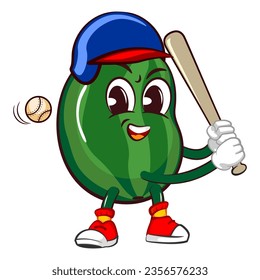 Vector mascot, cartoon and illustration of a cute watermelon baseball player as a hitter