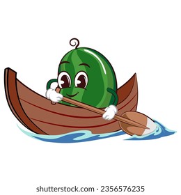 Vector mascot, cartoon and illustration of a cute watermelon fruit rowing a wooden boat