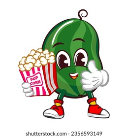 Vector mascot, cartoon and illustration of cute watermelon fruit with popcorn ready for watching a movie