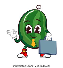 Vector mascot, cartoon and illustration of a cute watermelon being an office worker wearing a tie and carrying a work suitcase