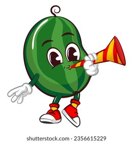 Vector mascot, cartoon and illustration of a cute watermelon fruit blowing the party trumpet cheerfully