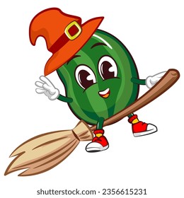 Vektormascot, Cartoon und Illustration einer süßen Wassermelonfrucht, mit einem Hut auf einem Besen fliegen