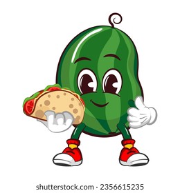 Vector mascot, cartoon and illustration of a cute watermelon fruit is bringing a delicious taco with a thumbs up