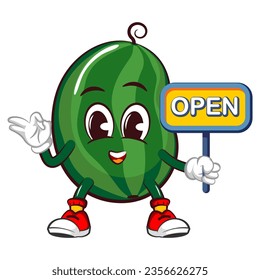 Vector mascot, cartoon and illustration of a cute watermelon showing a business board that says open and his hand giving an okay sign
