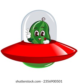 Vector mascot, cartoon and illustration of a cute watermelon fruit riding a ufo alien plane