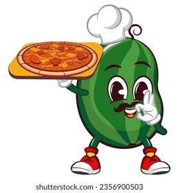 Mascota vectorial, dibujos animados e ilustración de una linda sandía siendo un chef con una pizza mientras da una deliciosa señal