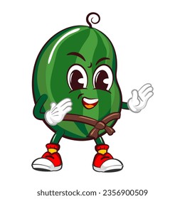 Vector mascot, cartoon and illustration of a cute watermelon fruit practicing martial arts wearing a karate belt