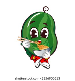 Vector mascot, cartoon and illustration of a cute watermelon fruit sitting enjoying eating a bowl of noodles with chopsticks