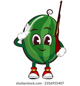 Vektormaskottchen, Cartoon und Illustration einer süßen Wassermelonfrucht als Soldat in Alarmstellung mit einem Gewehr, das einen verputzenden Salat