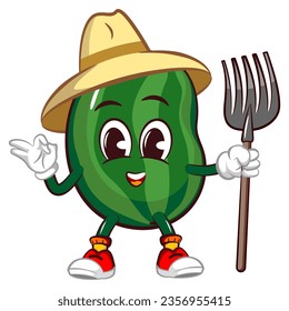 Vector mascot, cartoon and illustration of a cute watermelon fruit being a farmer carrying a raking fork