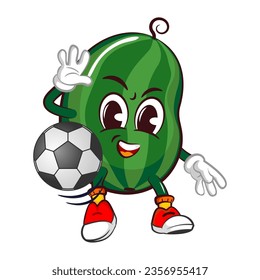 Vector mascot, cartoon and illustration of a cute watermelon fruit playing soccer with a soccer ball